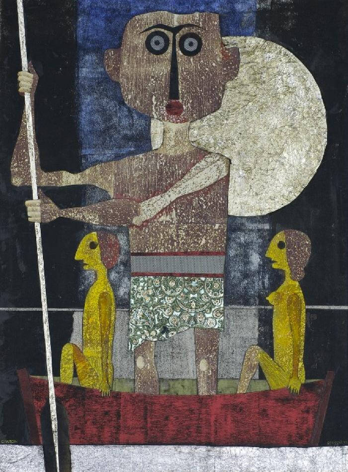 A collage of a figure holding a stick while standing in a boat, with a moon behind them.